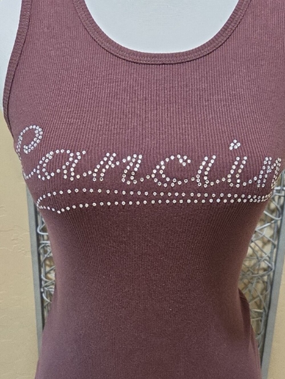 Cancun Embellished Ribbed Tank Top In Brown - Picture 2 of 5